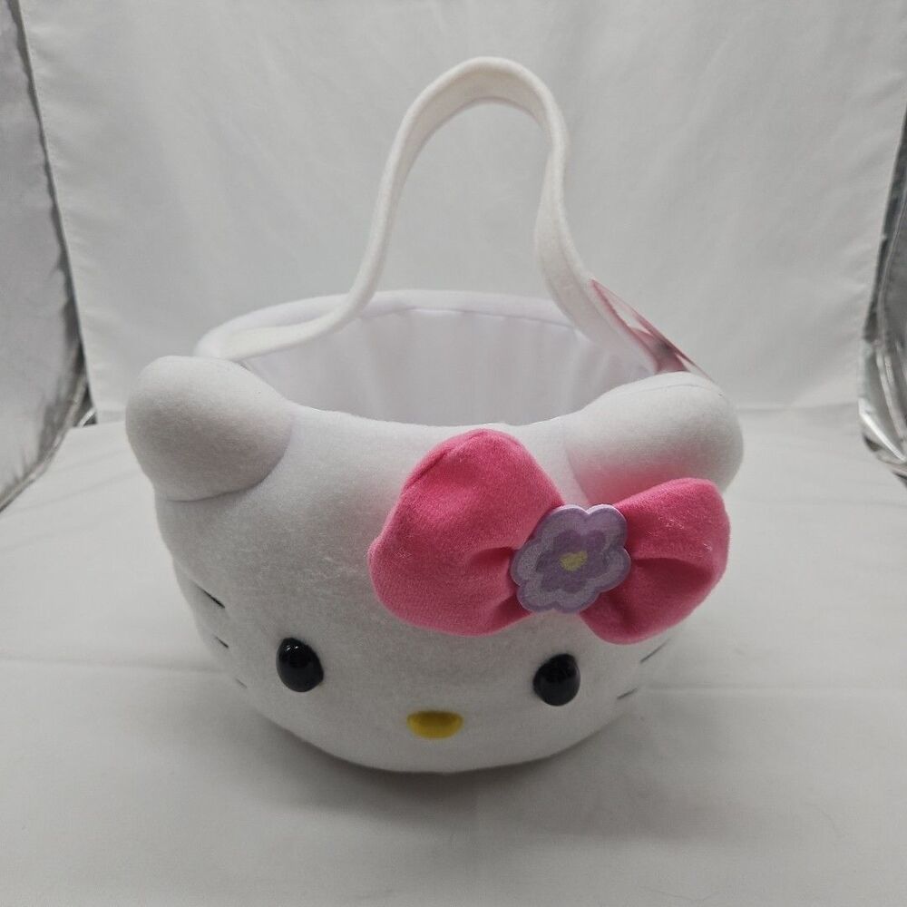 Sanrio HELLO KITTY Plush Soft EASTER Gift Basket White with Pink Bow